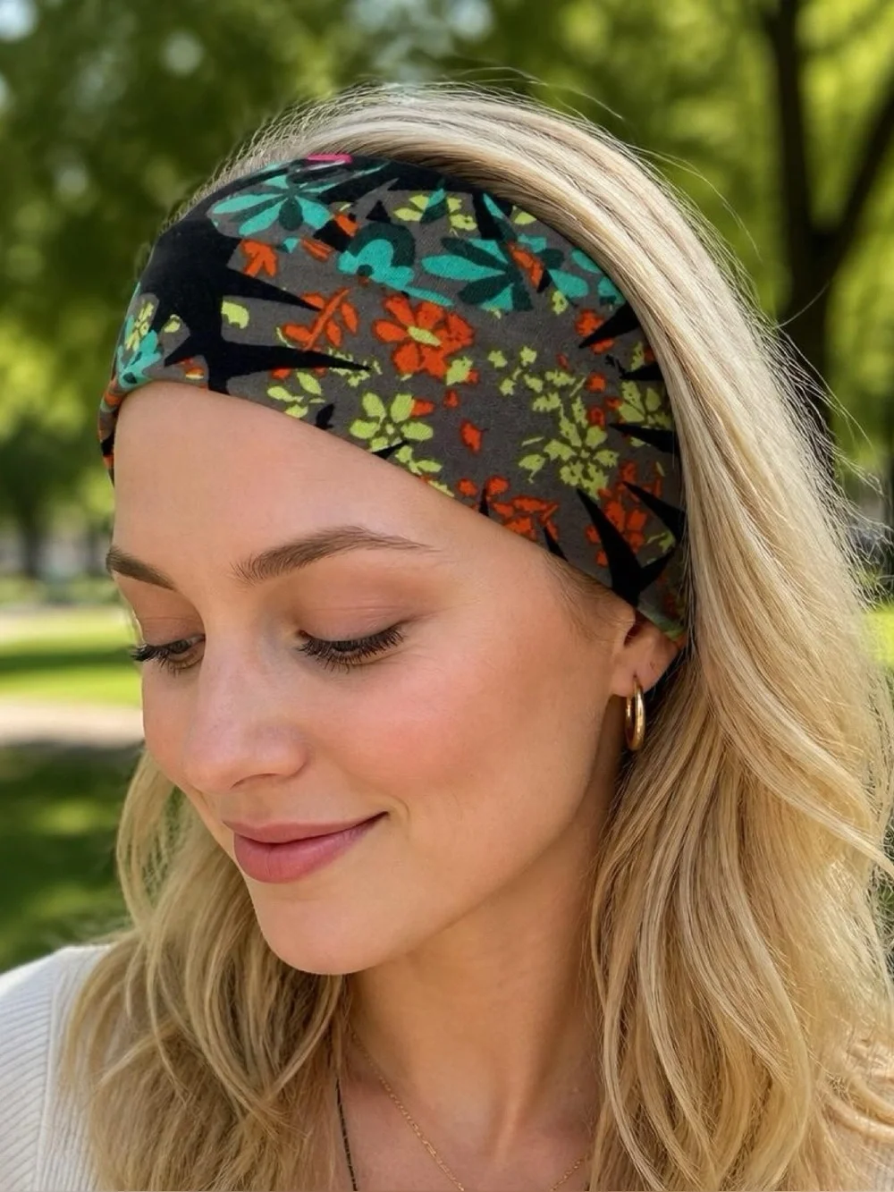 Black Floral Twist Headband  and Scrunchie Set with Teal and Coral Accents. NWOT